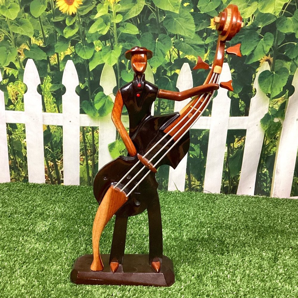 Hand Carved Wood Cello Player Art Figure